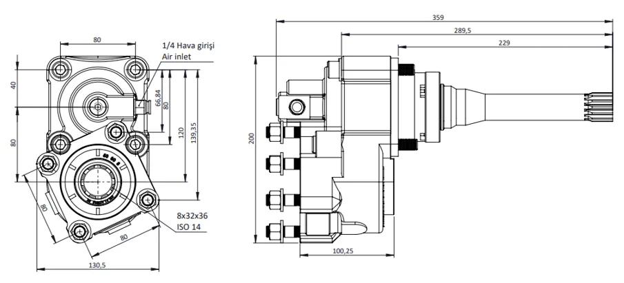CTM 049 A1 3XF PTO teknik çizimi — kesit, ölçü ve montaj şeması