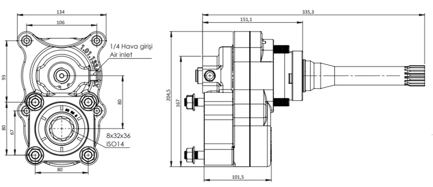 CTM 049 A1 4XF PTO teknik çizimi — kesit, ölçü ve montaj şeması