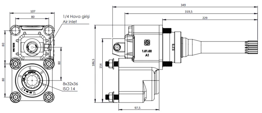 CTM 049 A1F PTO teknik çizimi — kesit, ölçü ve montaj şeması