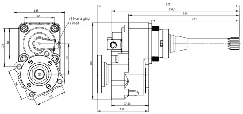 CTM 049 AD1 3XF PTO teknik çizimi — kesit, ölçü ve montaj şeması