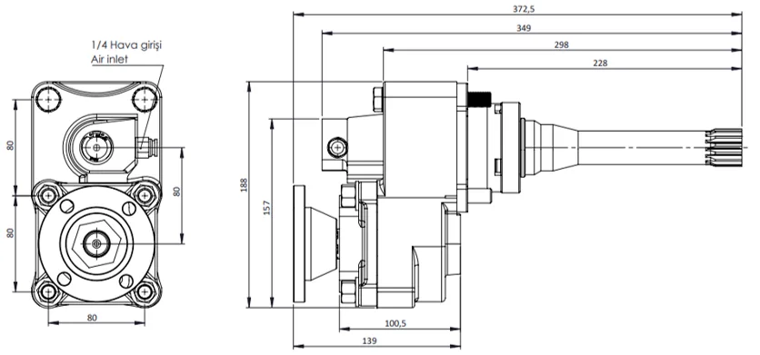 CTM 049 ADF PTO teknik çizimi — kesit, ölçü ve montaj şeması
