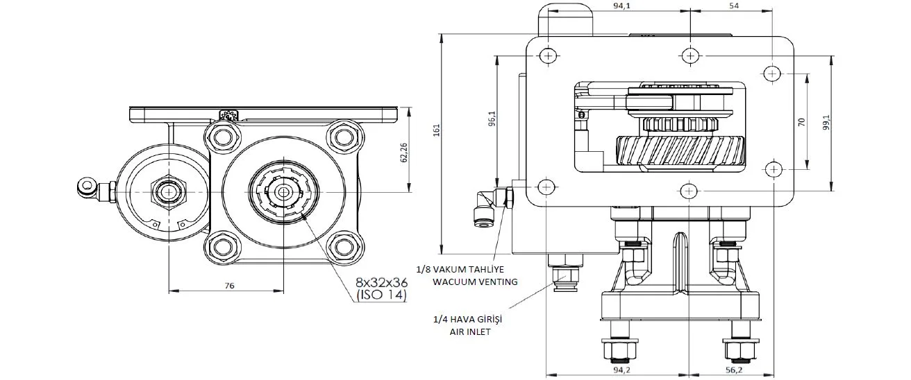 CTM 050 BC1 KV PTO teknik çizimi — kesit, ölçü ve montaj şeması