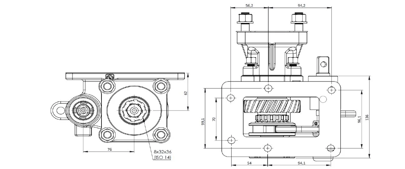 CTM 050 BC1 PTO teknik çizimi — kesit, ölçü ve montaj şeması