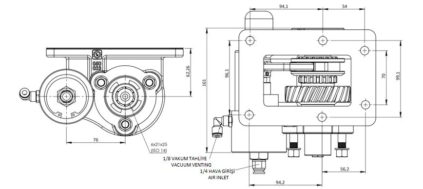 PTO 050 BC2 KV PTO teknik çizimi — kesit, ölçü ve montaj şeması