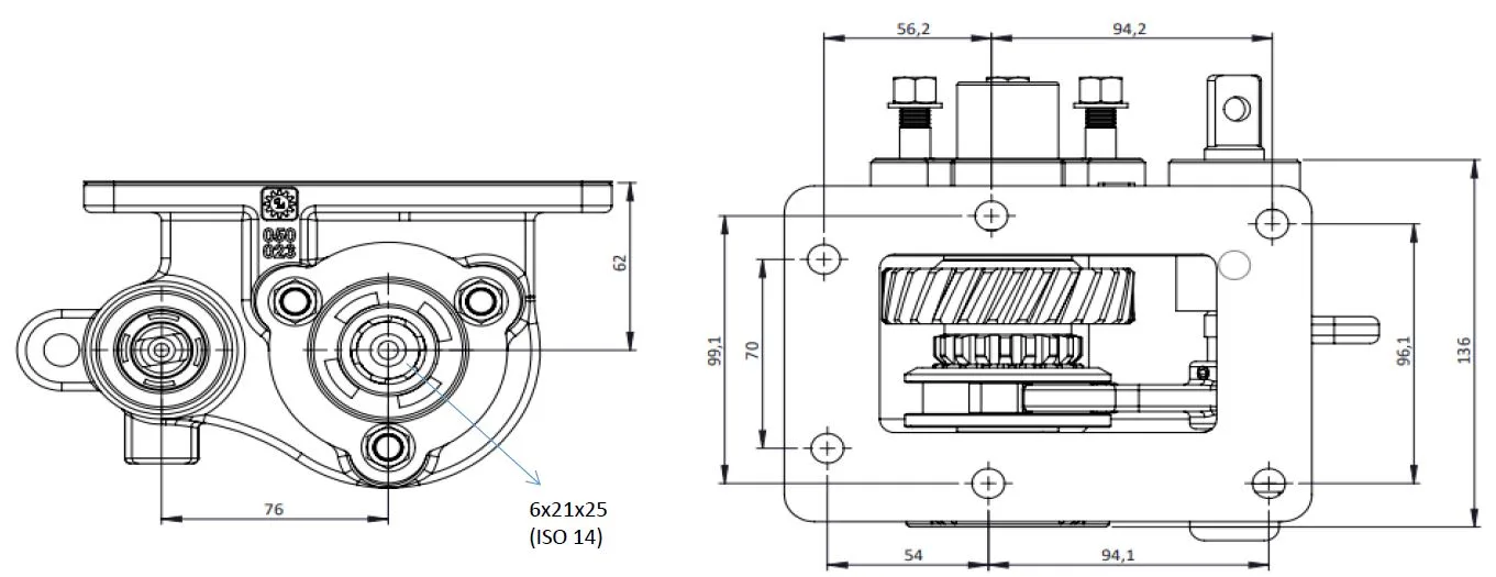 CTM 050 BC2 PTO teknik çizimi — kesit, ölçü ve montaj şeması