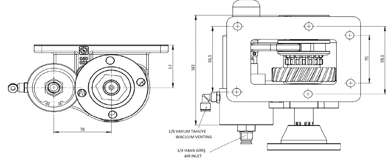 CTM 050 BD KV PTO teknik çizimi — kesit, ölçü ve montaj şeması