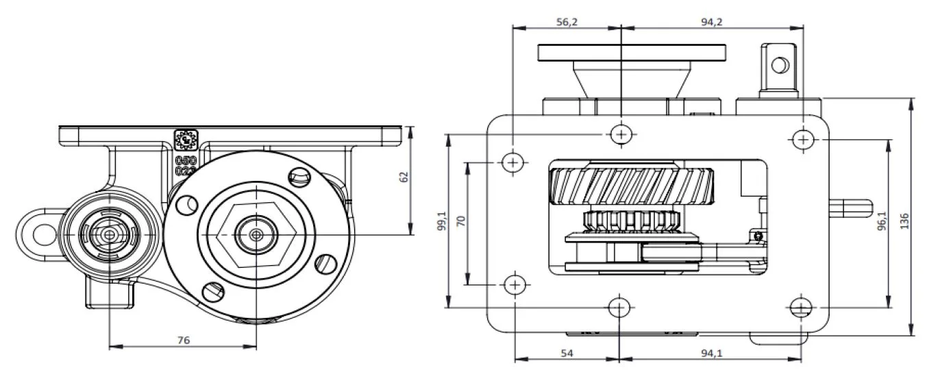 CTM 050 BD PTO teknik çizimi — kesit, ölçü ve montaj şeması