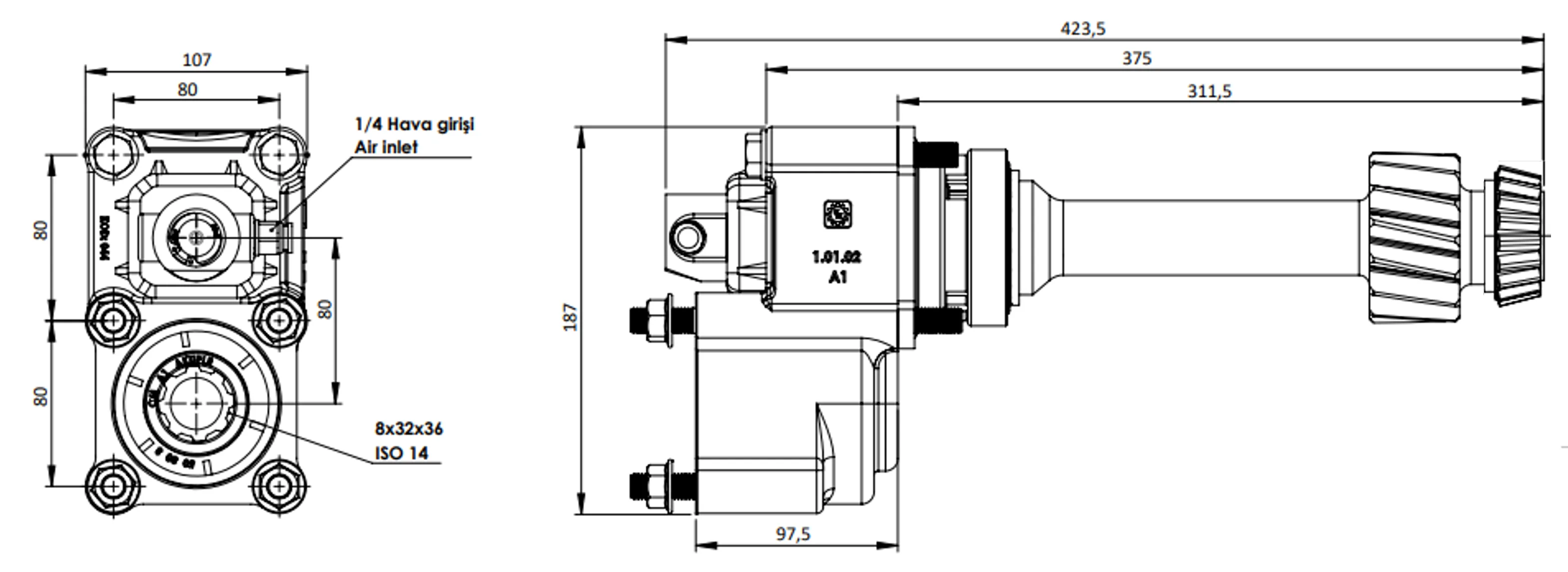 CTM 052 A1 PTO teknik çizimi — kesit, ölçü ve montaj şeması