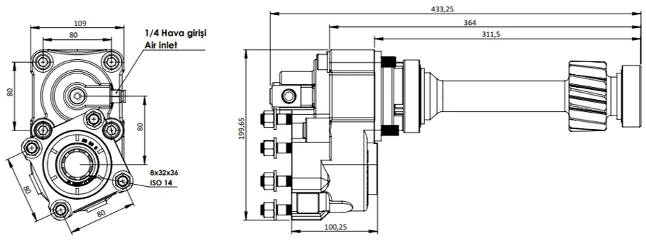 CTM 052 A1 3XF PTO teknik çizimi — kesit, ölçü ve montaj şeması