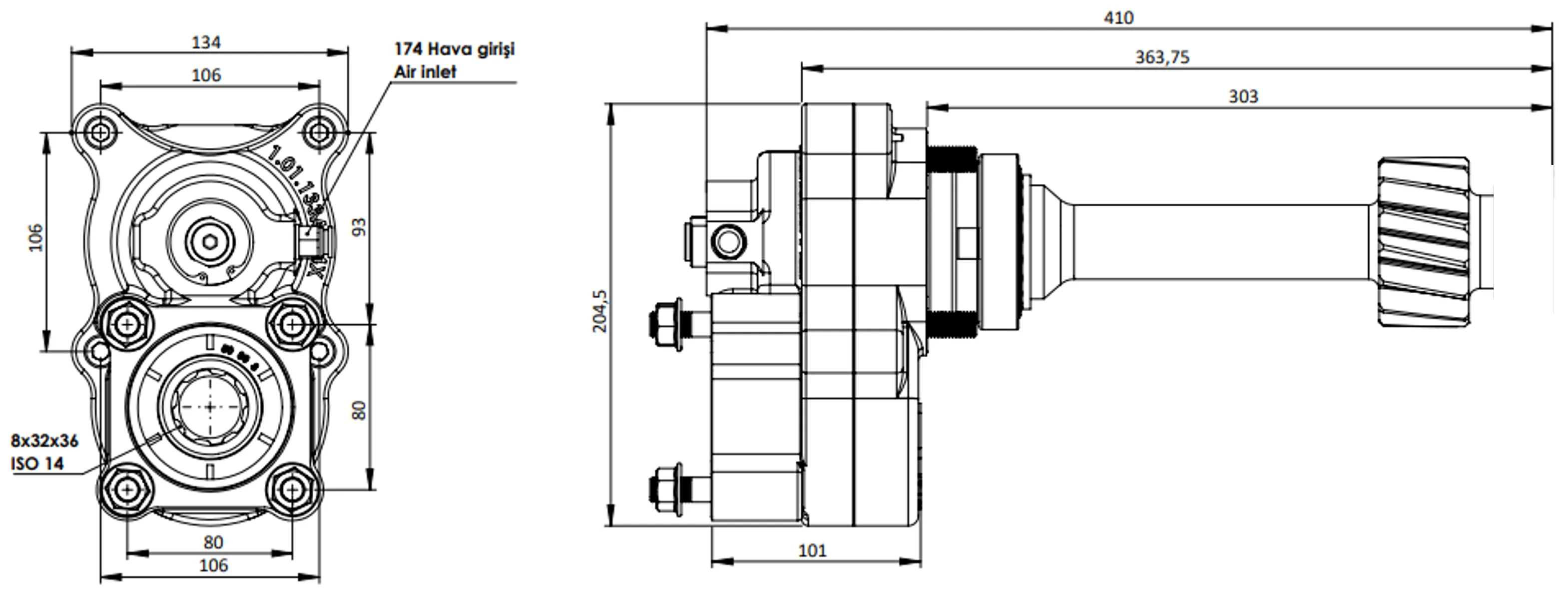 CTM 052 A1 4X PTO teknik çizimi — kesit, ölçü ve montaj şeması