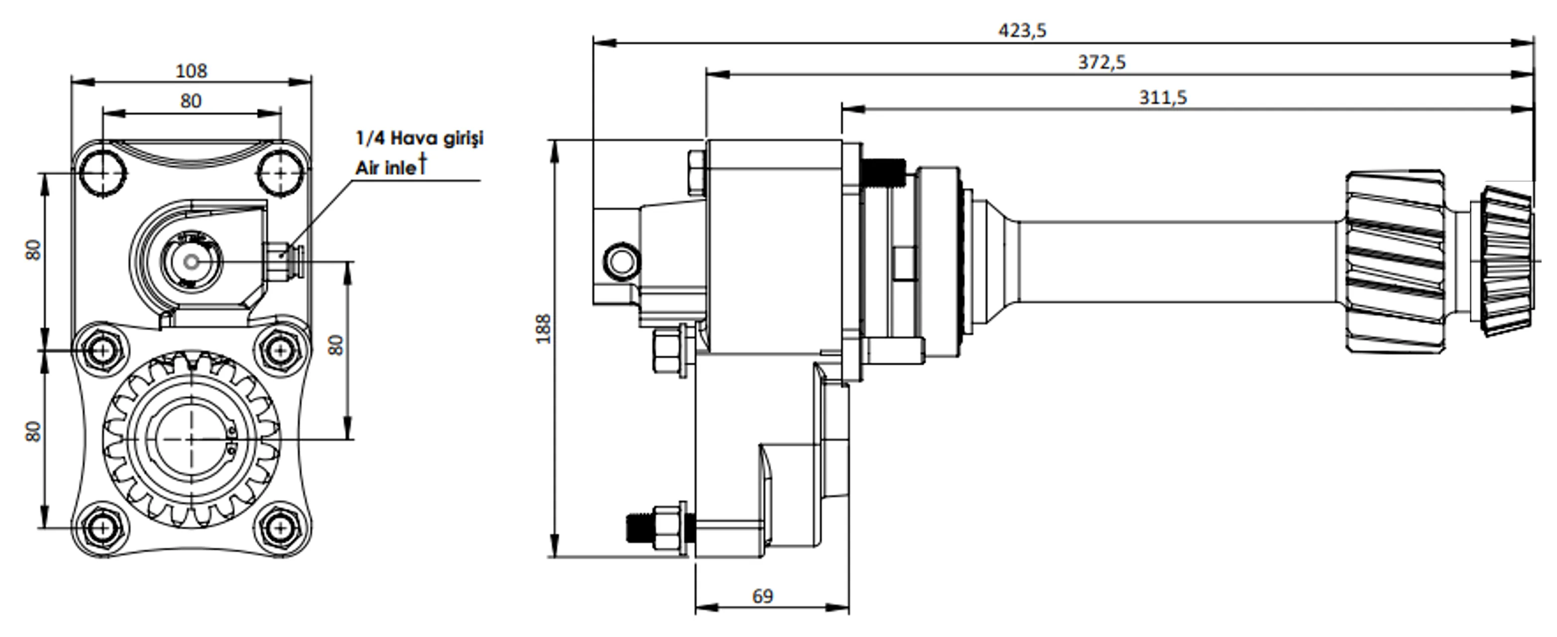 CTM 052 AC1 PTO teknik çizimi — kesit, ölçü ve montaj şeması
