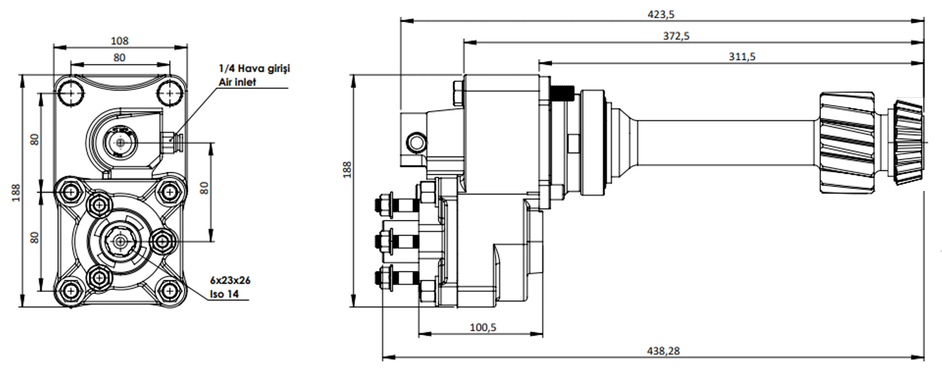 CTM 052 AC2 PTO teknik çizimi — kesit, ölçü ve montaj şeması