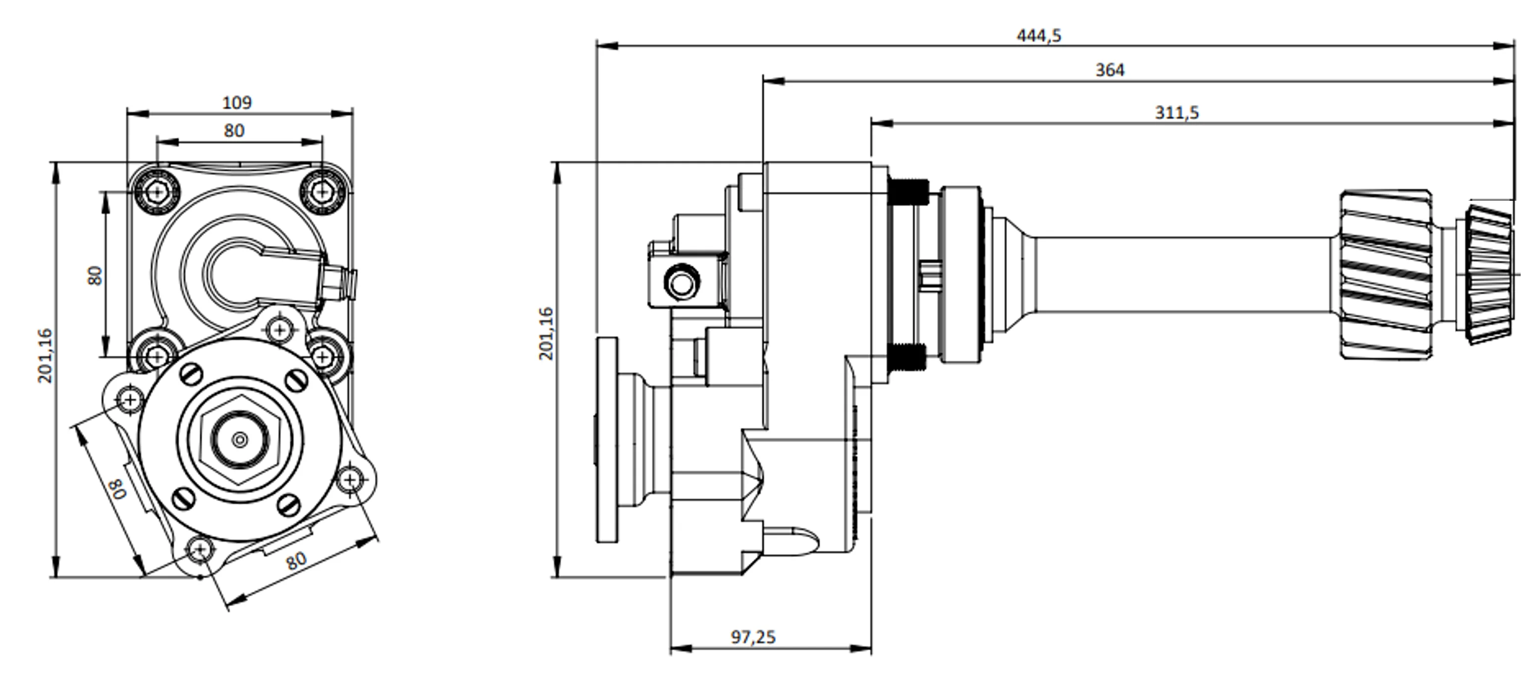 CTM 052 AD1 3XF PTO teknik çizimi — kesit, ölçü ve montaj şeması