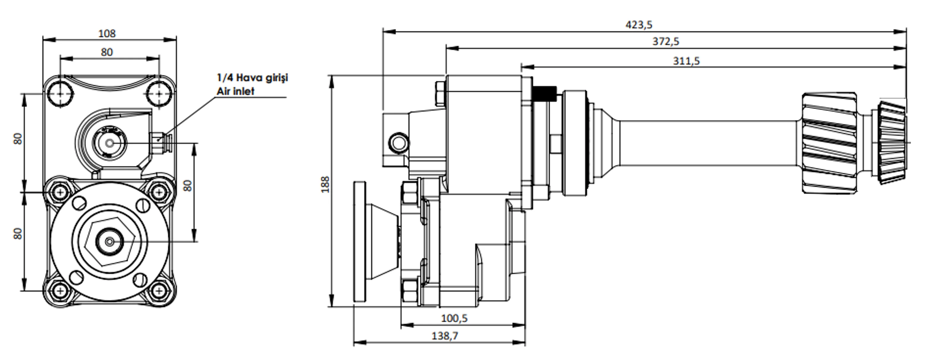 CTM 052 ADF PTO teknik çizimi — kesit, ölçü ve montaj şeması
