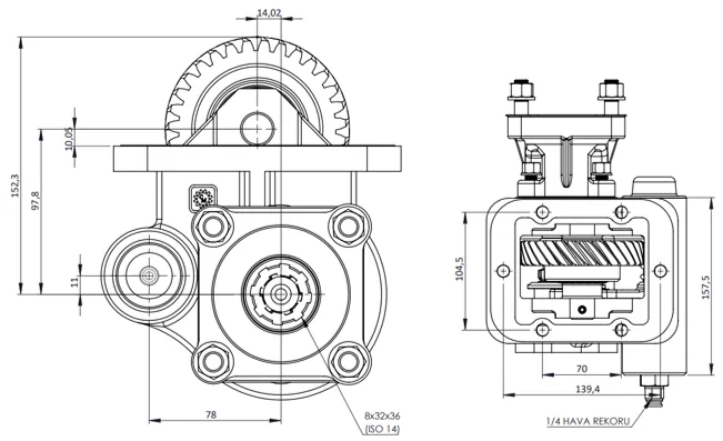 CTM 054 AC1 PTO teknik çizimi — kesit, ölçü ve montaj şeması