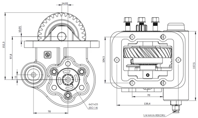 CTM 054 AE PTO teknik çizimi — kesit, ölçü ve montaj şeması