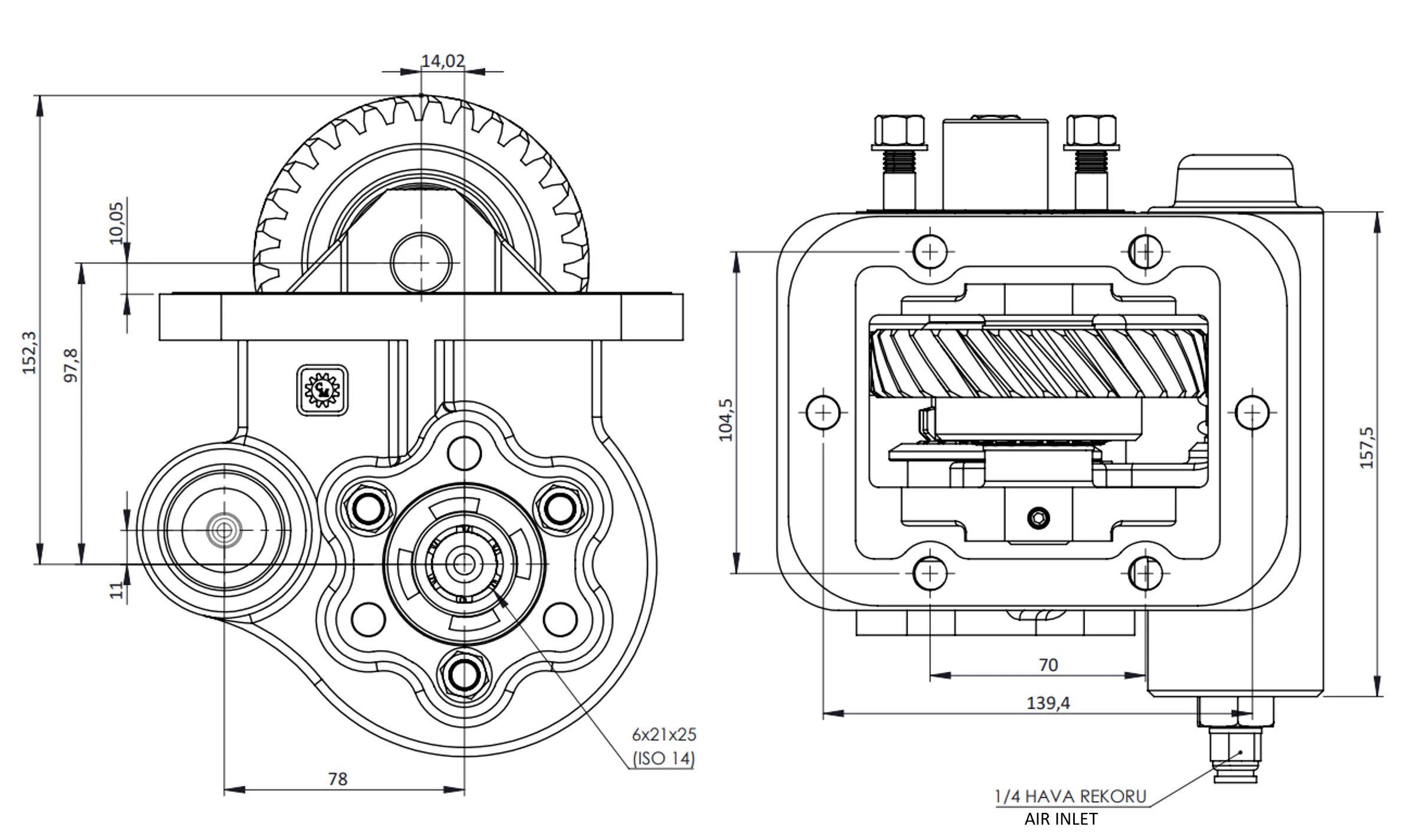 CTM 054 AC2 PTO teknik çizimi — kesit, ölçü ve montaj şeması