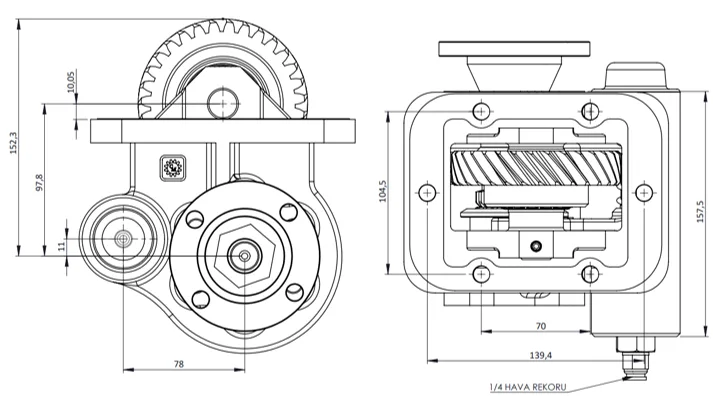 CTM 054 AD PTO teknik çizimi — kesit, ölçü ve montaj şeması