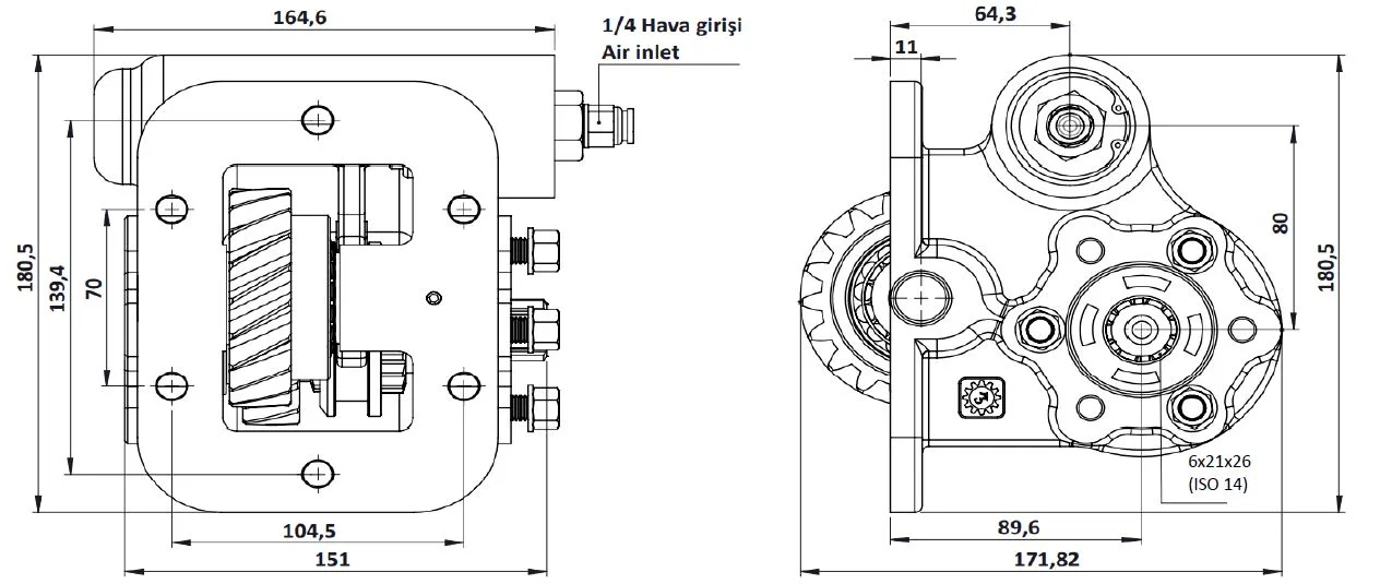 CTM 055 AE PTO teknik çizimi — kesit, ölçü ve montaj şeması