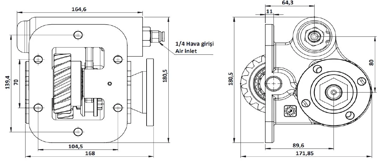 CTM 055 AD PTO teknik çizimi — kesit, ölçü ve montaj şeması
