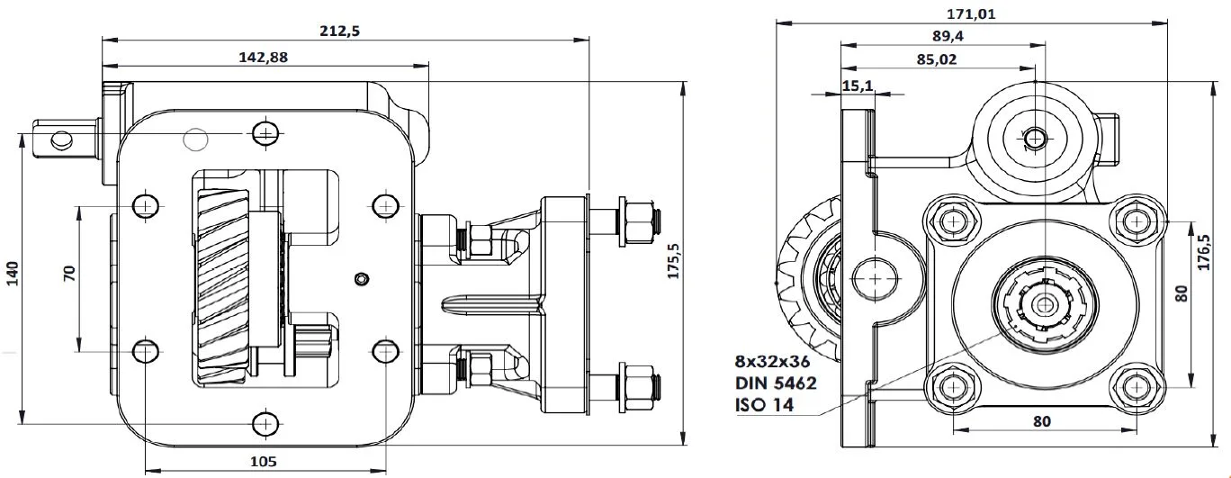 CTM 055 BC1 PTO teknik çizimi — kesit, ölçü ve montaj şeması