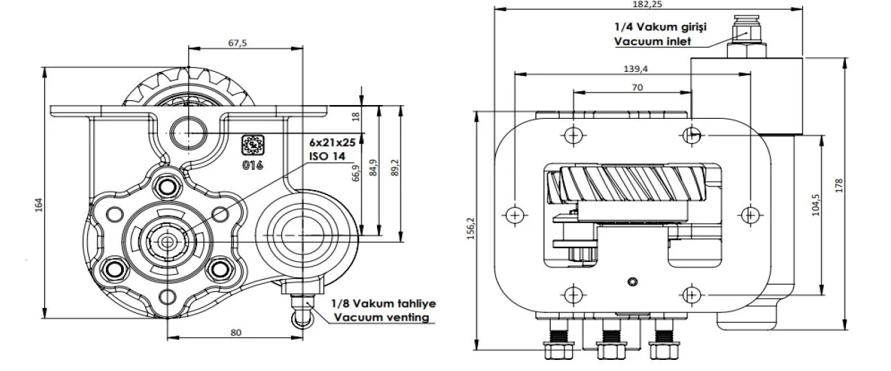 CTM 055 BC2 KV PTO teknik çizimi — kesit, ölçü ve montaj şeması