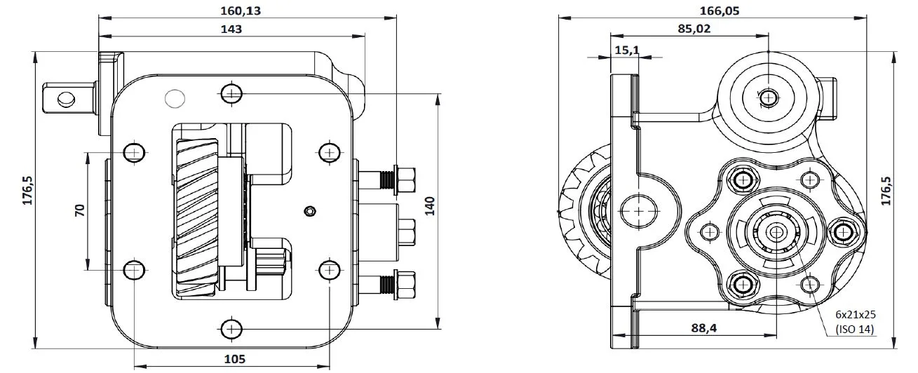 CTM 055 BC2 PTO teknik çizimi — kesit, ölçü ve montaj şeması