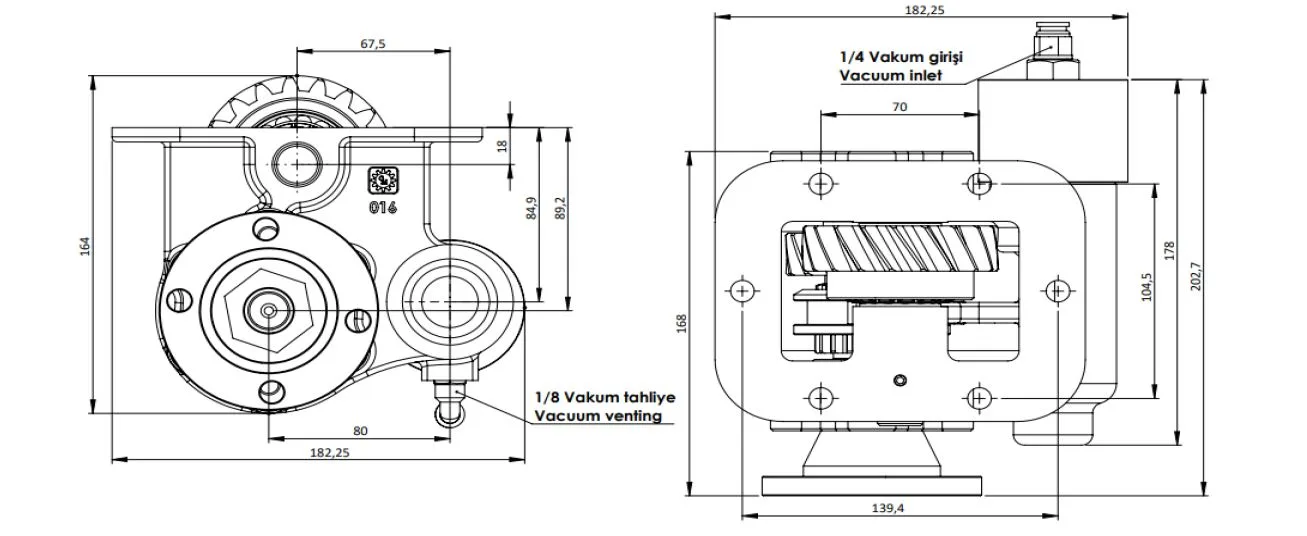 CTM 055 BD KV PTO teknik çizimi — kesit, ölçü ve montaj şeması