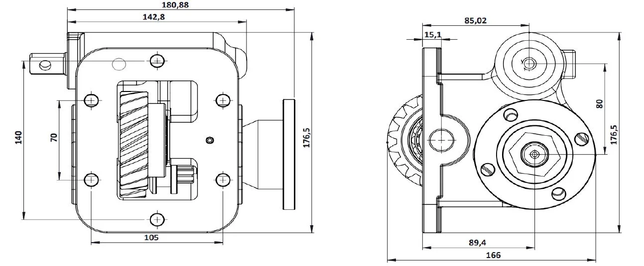 CTM 055 BD PTO teknik çizimi — kesit, ölçü ve montaj şeması