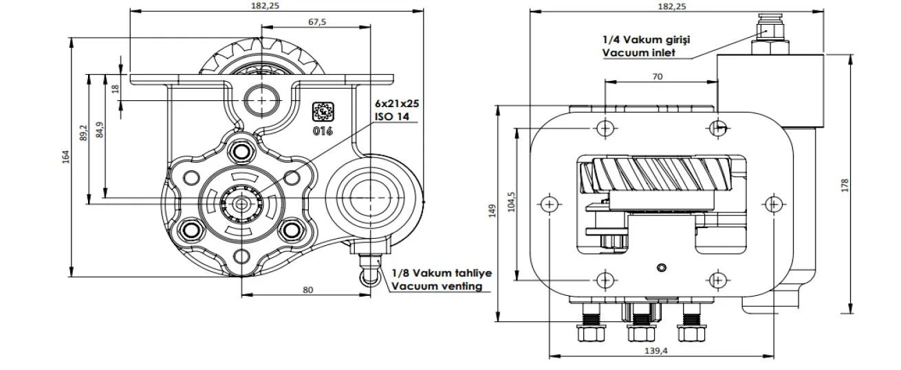 CTM 055 BE KV PTO teknik çizimi — kesit, ölçü ve montaj şeması
