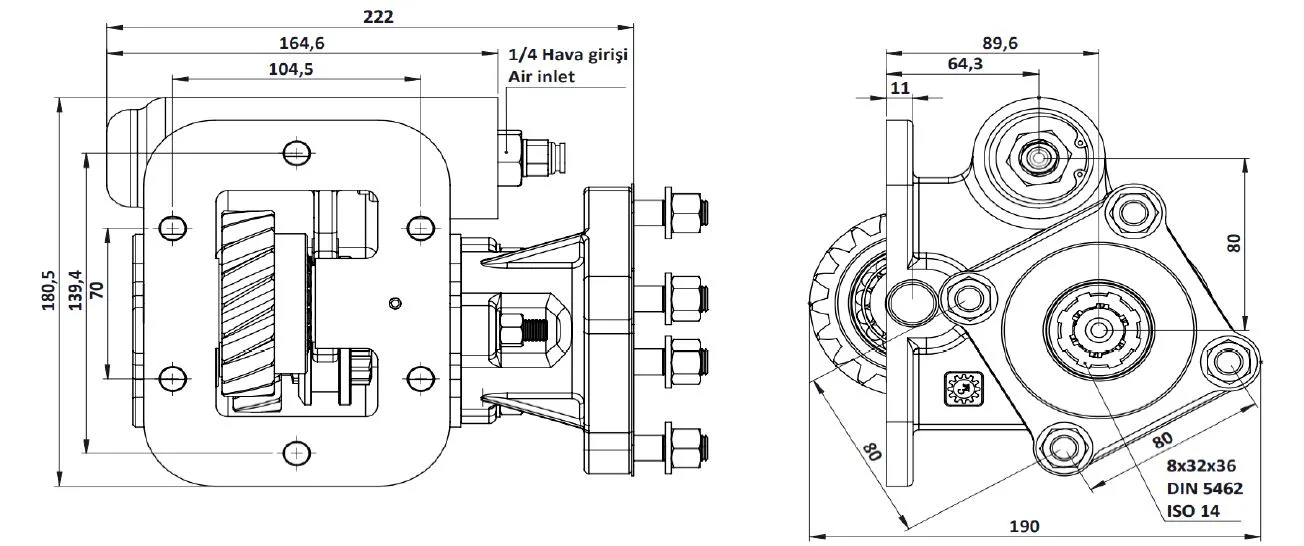 CTM 055 AC1 PTO teknik çizimi — kesit, ölçü ve montaj şeması