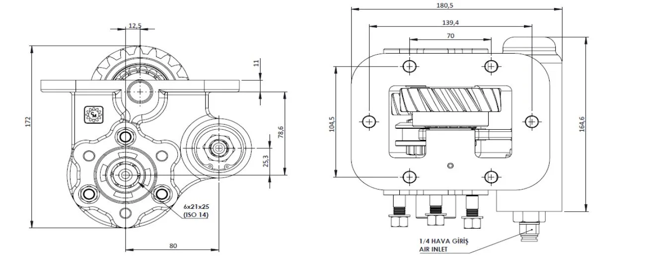 CTM 055 AC2 PTO teknik çizimi — kesit, ölçü ve montaj şeması
