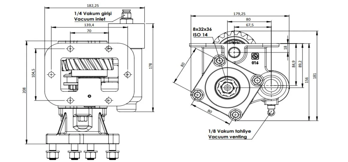 CTM 055 BC1 KV PTO teknik çizimi — kesit, ölçü ve montaj şeması