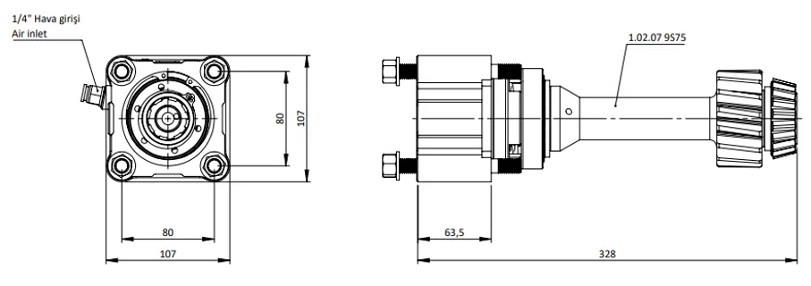 CTM 056 AC1F PTO teknik çizimi — kesit, ölçü ve montaj şeması