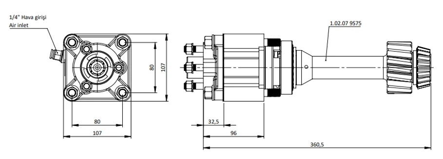 CTM 056 AC2F PTO teknik çizimi — kesit, ölçü ve montaj şeması