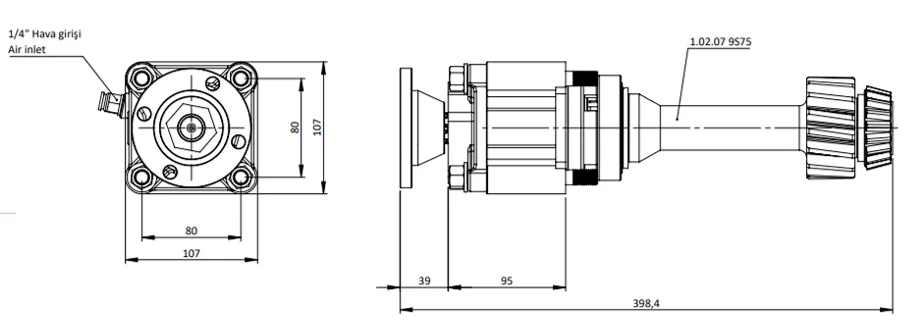 CTM 056 AD1F PTO teknik çizimi — kesit, ölçü ve montaj şeması