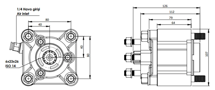 CTM 057 AE PTO teknik çizimi — kesit, ölçü ve montaj şeması