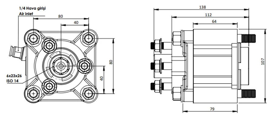 CTM 057 AC2 PTO teknik çizimi — kesit, ölçü ve montaj şeması