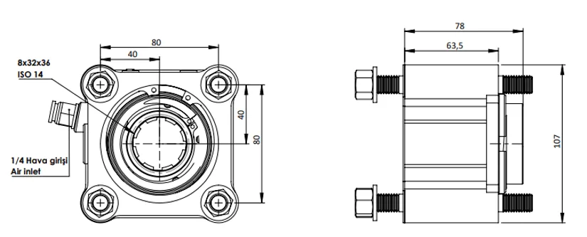 CTM 057 AC1 PTO teknik çizimi — kesit, ölçü ve montaj şeması