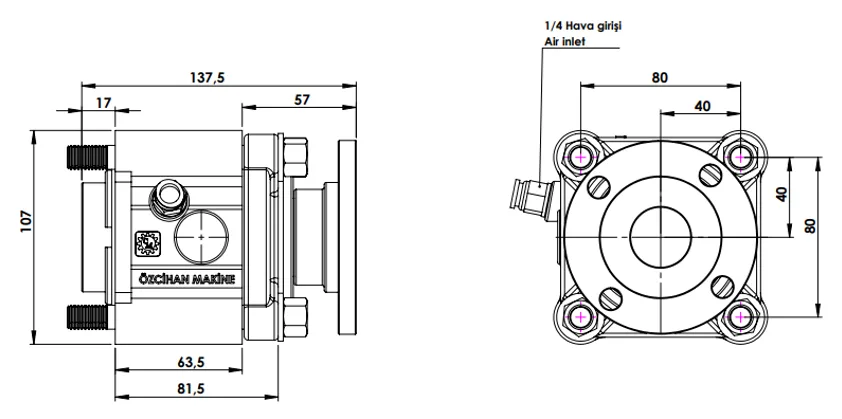 CTM 057 AD1 PTO teknik çizimi — kesit, ölçü ve montaj şeması