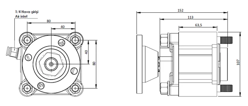 CTM 057 AD PTO teknik çizimi — kesit, ölçü ve montaj şeması