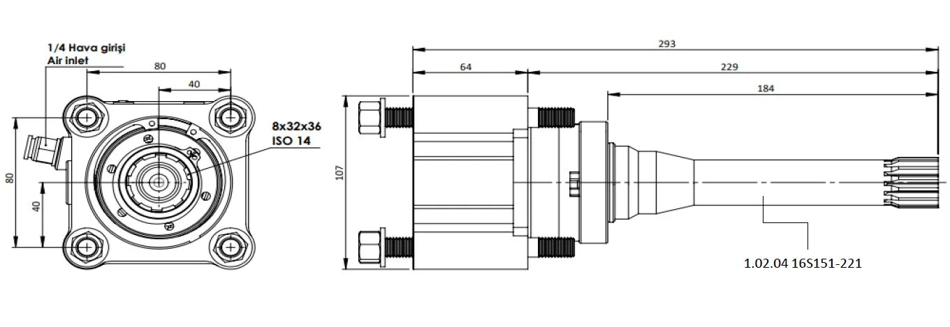 CTM 059 AC1F PTO teknik çizimi — kesit, ölçü ve montaj şeması