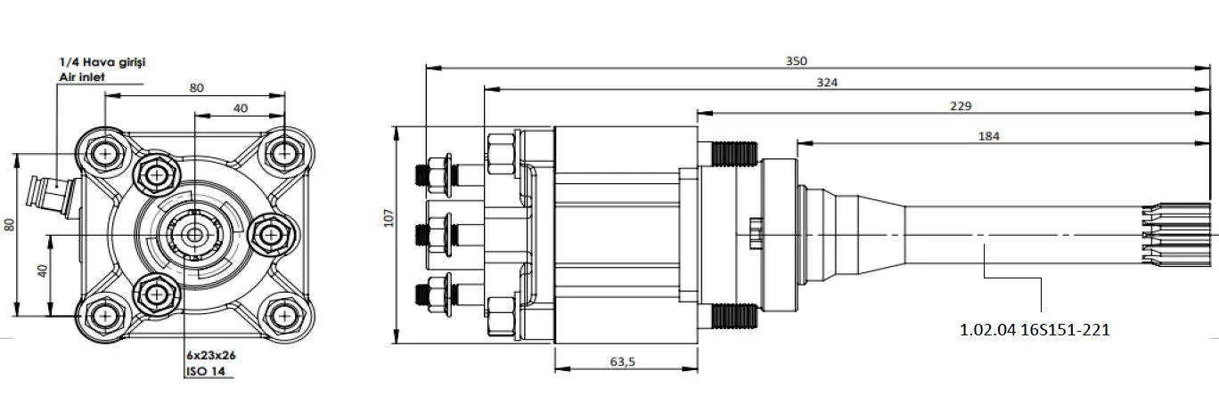 CTM 059 AC2F PTO teknik çizimi — kesit, ölçü ve montaj şeması