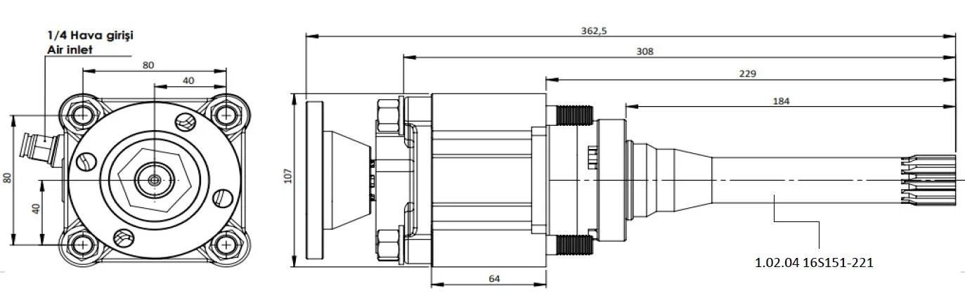 CTM 059 ADF PTO teknik çizimi — kesit, ölçü ve montaj şeması