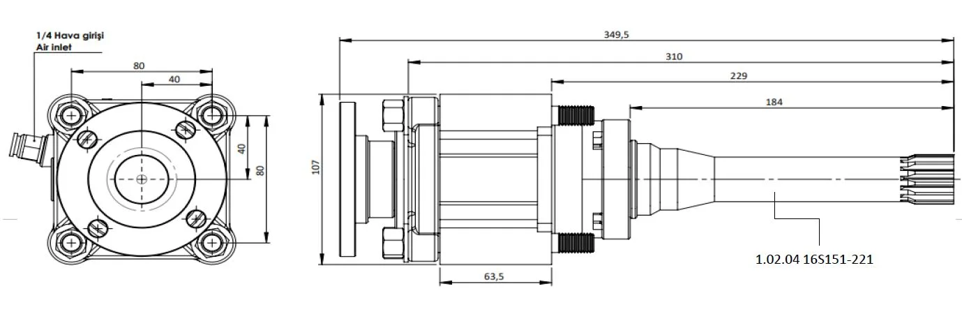 CTM 059 AD1F PTO teknik çizimi — kesit, ölçü ve montaj şeması