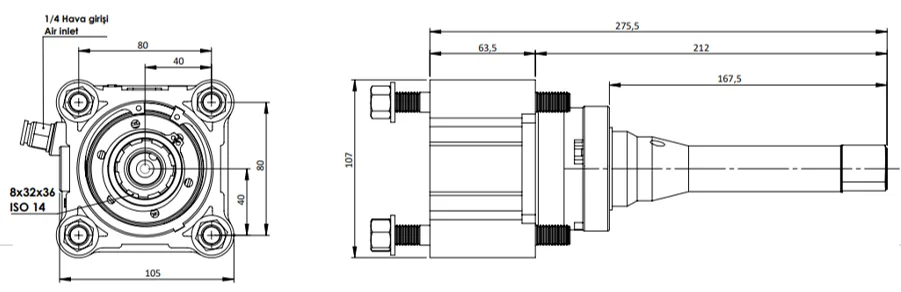 CTM 060 AC1F PTO teknik çizimi — kesit, ölçü ve montaj şeması