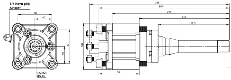CTM 060 AC2F PTO teknik çizimi — kesit, ölçü ve montaj şeması