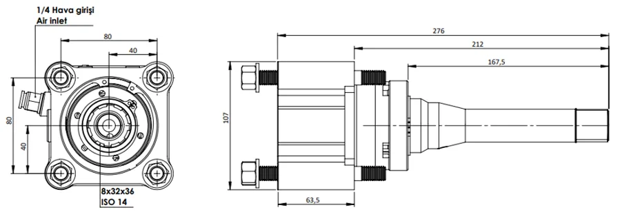 CTM 060 ADF PTO teknik çizimi — kesit, ölçü ve montaj şeması