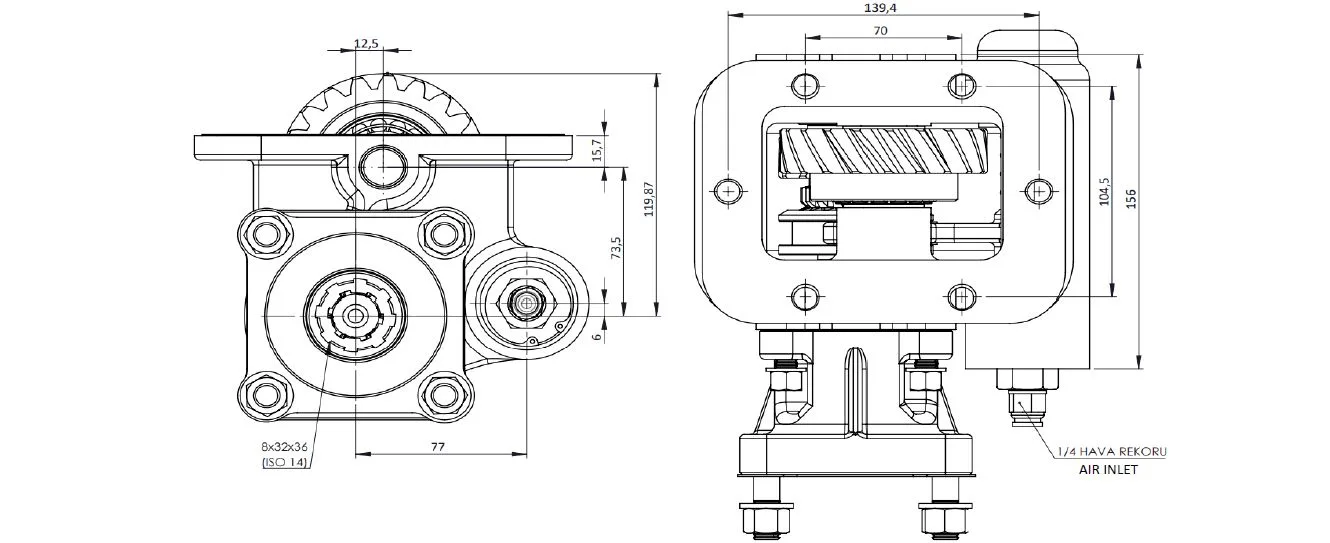 CTM 061 AC1 PTO teknik çizimi — kesit, ölçü ve montaj şeması