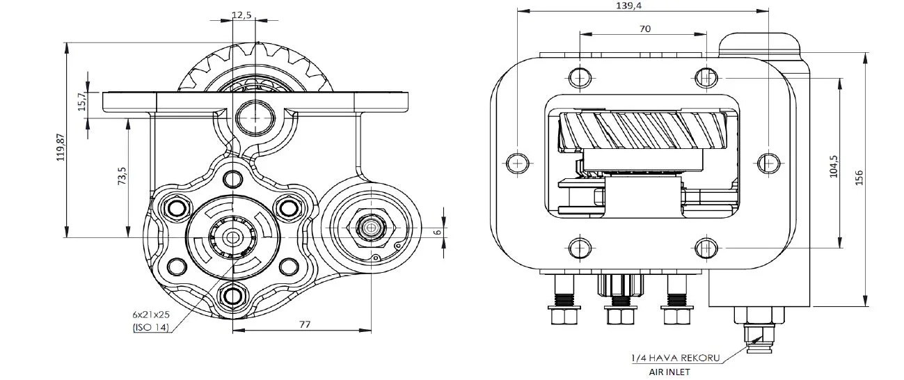 CTM 061 AE PTO teknik çizimi — kesit, ölçü ve montaj şeması